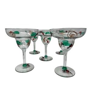 Hand Painted Margarita Glasses Blown Glass Red Green Gold Black 5  Vintage